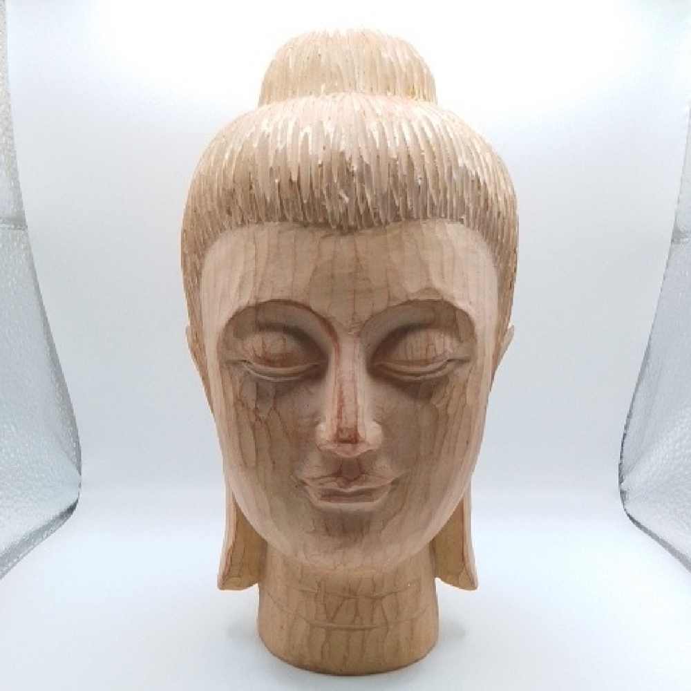 Natural Wood Buddha Head Sculpture